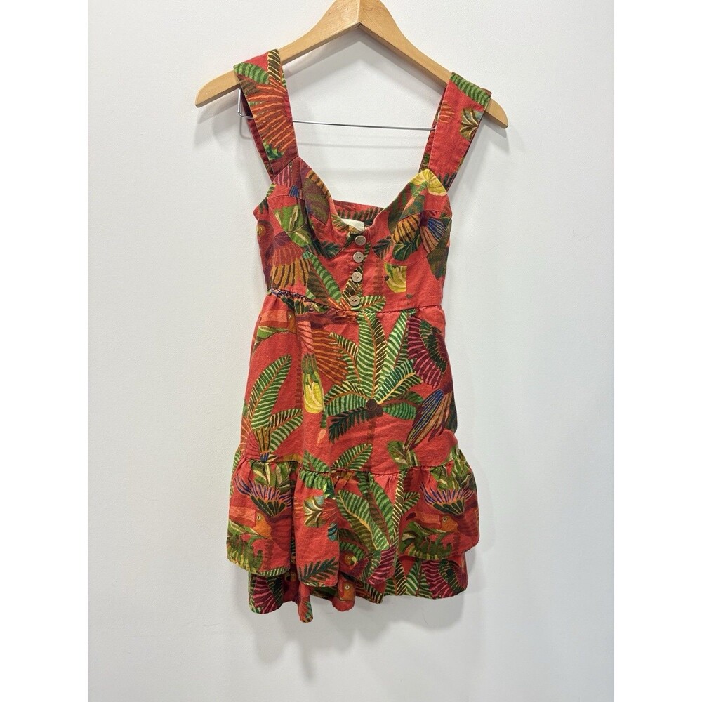 Farm Rio Red Forest Birds Mini Ruffle Summer Spring Dress XS Linen Cute - Picture 2 of 7